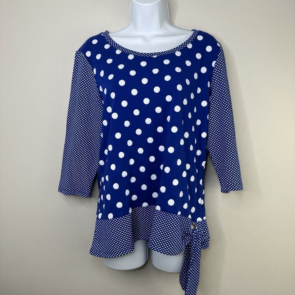 Onque Casual Shirt Women's Large Blue Polk Dot Stretch Whimsical Bright